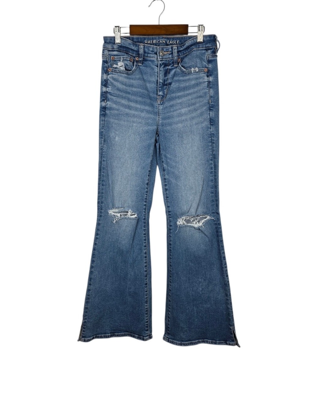 American Eagle Jeans Super Hi-Rise Flare Stretch Blue Denim Distressed Size 4